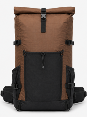 Brown roll top hiking backpack with front stretch pocket
