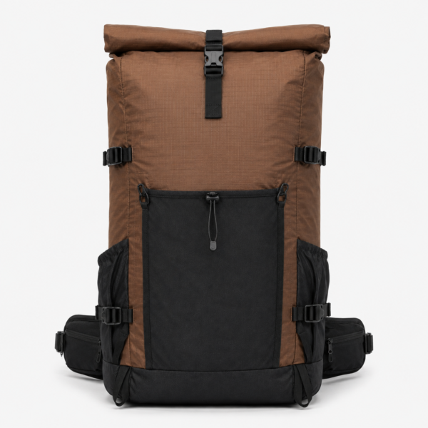 Brown roll top hiking backpack with front stretch pocket