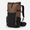 Brown hiking backpack with roll top closure and padded hip belt