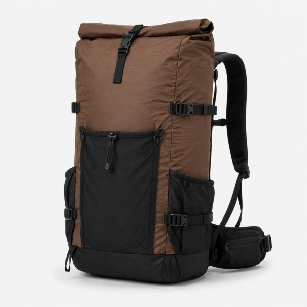 Brown hiking backpack with roll top closure and padded hip belt