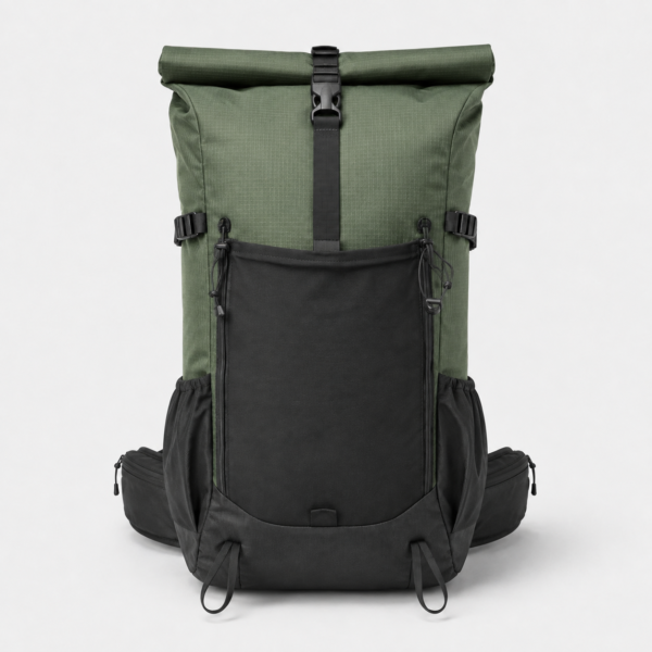 Custom Roll Top Hiking Backpack front view in forest green