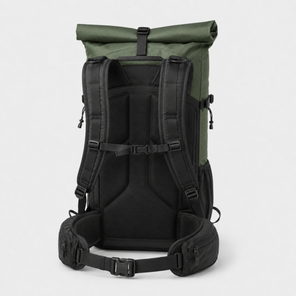 Roll top hiking backpack with breathable back panel and adjustable straps