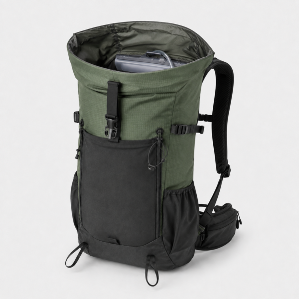 Custom Roll Top Hiking Backpack with Front Stretch Pocket and Hip Belt