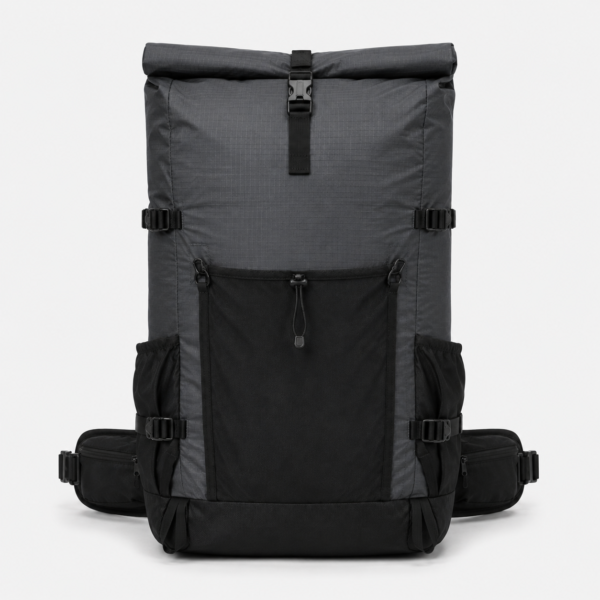 Custom Roll Top Hiking Backpack with Front Stretch Pocket and Hip Belt