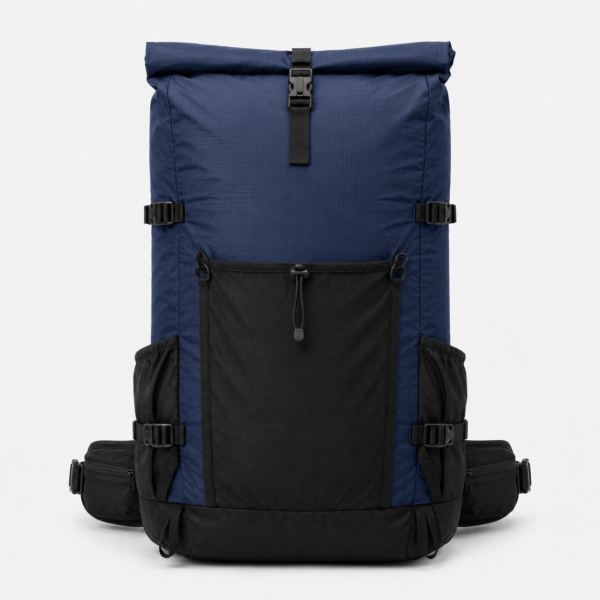 Navy blue custom roll top hiking backpack for trekking