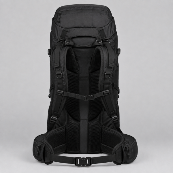 65L trekking backpack with adjustable suspension and ventilated back panel