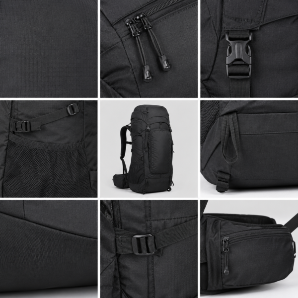 Trekking backpack fabric zipper buckle mesh pocket and hip belt details