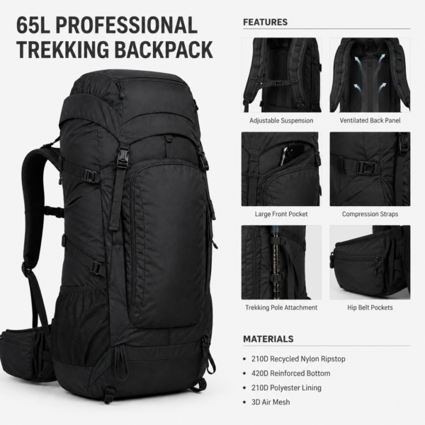 65L professional trekking backpack features and material specifications