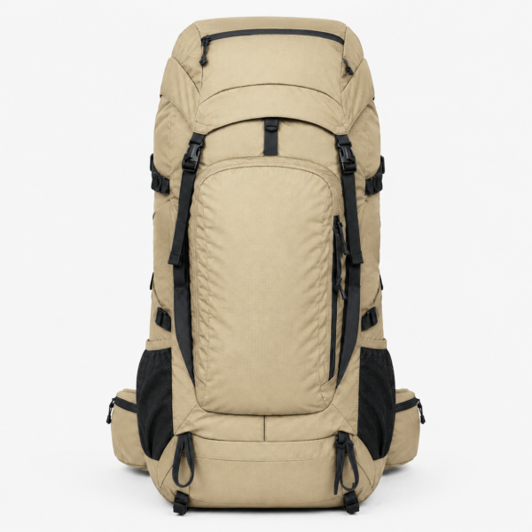 Sand beige custom 65L trekking backpack front view