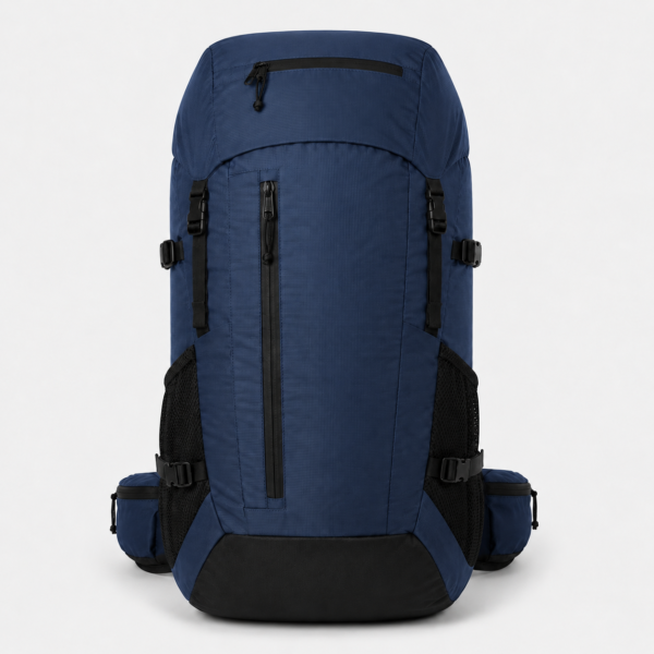 Navy blue custom multi-pocket hiking backpack front view