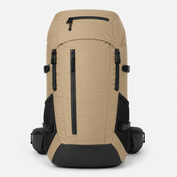 Khaki custom multi-pocket hiking backpack with black mesh side pockets