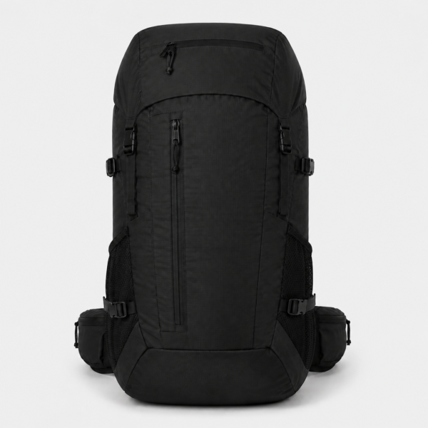 Black custom multi-pocket hiking backpack front view