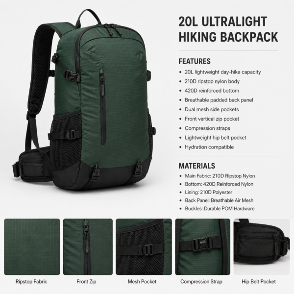 登山包9产品展示图F Custom 20L Ultralight Hiking Backpack features and material specifications
