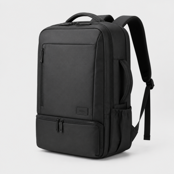 Custom Business Travel Laptop Backpack in black, 45-degree front view
