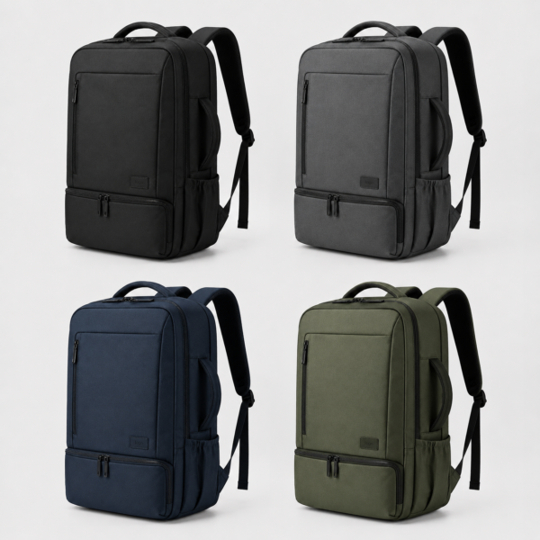Business travel laptop backpack color options in black, gray, navy and olive