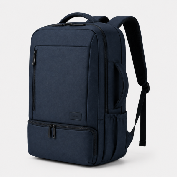 Wholesale business laptop backpack in navy blue with side carry handle