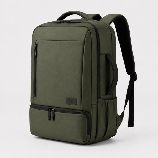OEM business travel laptop backpack in olive green with luggage strap