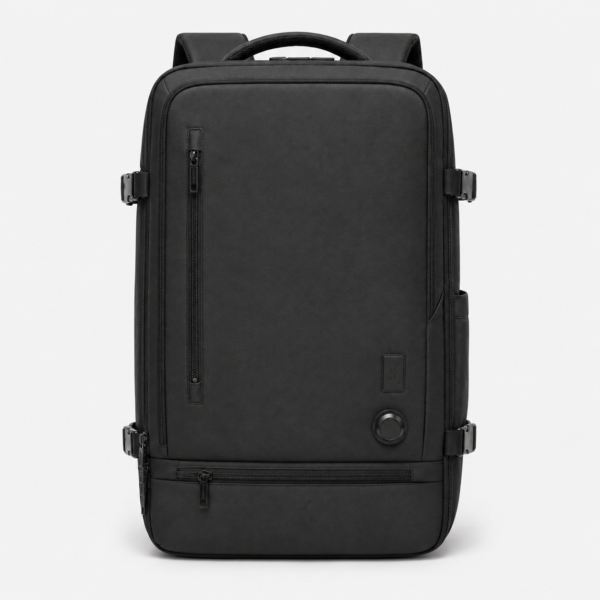 Vacuum compression laptop backpack front view with air valve