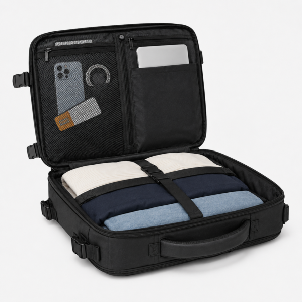 Full-open vacuum travel backpack with laptop sleeve and clothing straps