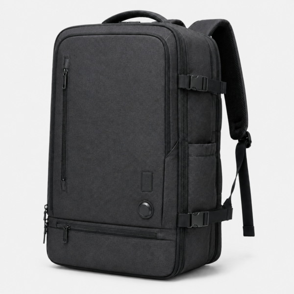Expandable vacuum laptop backpack in black with side compression straps