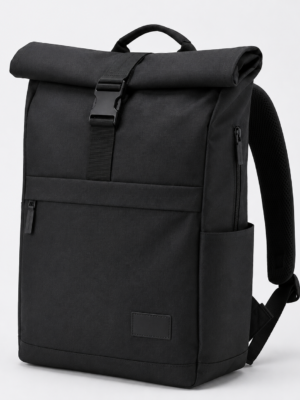 Custom RPET Roll-Top Laptop Backpack in black