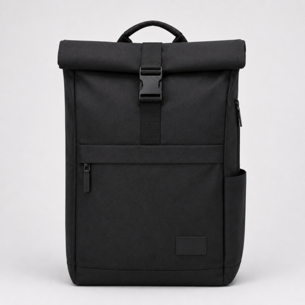 RPET roll-top laptop backpack front view with buckle closure