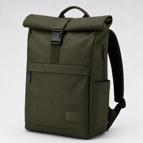 Custom RPET roll-top laptop backpack in olive green