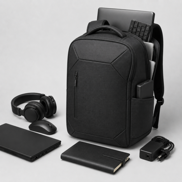 笔记本电脑包产品6展示图F Gaming laptop backpack displayed with computer and technology accessories