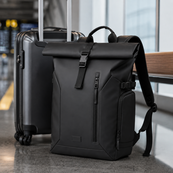 笔记本电脑包产品7展示图B TPU roll top laptop backpack displayed with travel luggage