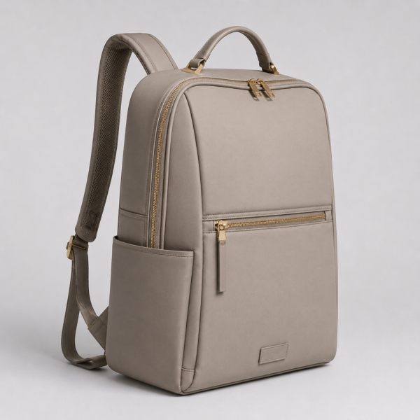 Women's wide-opening RPET laptop backpack in taupe beige