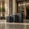 Black PC Shell Aluminum Frame Luggage Set at hotel entrance