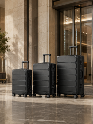 行李箱10展示图A Black PC Shell Aluminum Frame Luggage Set at hotel entrance