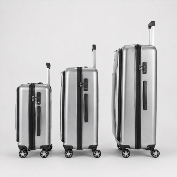 Polycarbonate luggage set side view with trolley handles spinner wheels and combination locks