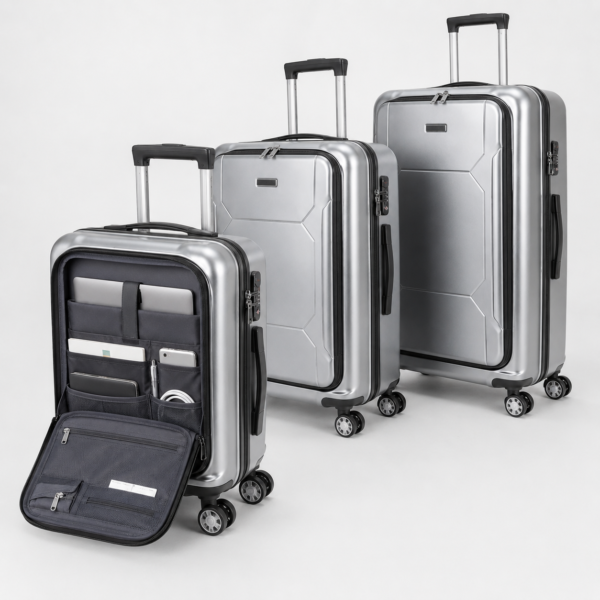 Front-opening polycarbonate luggage with padded laptop and business organizer compartment