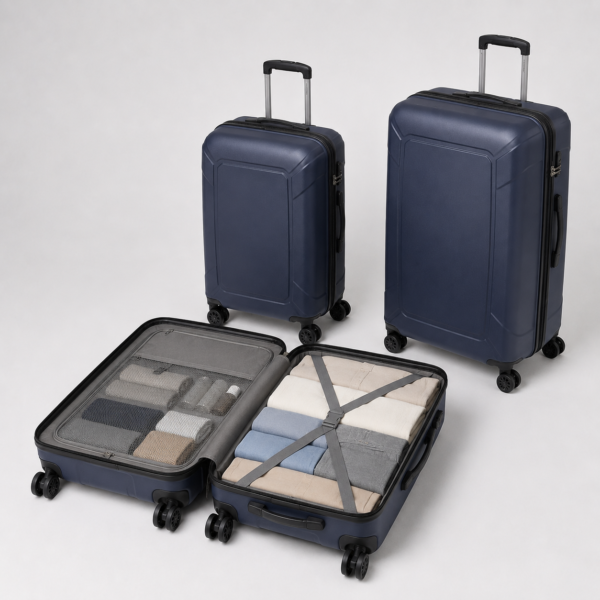 行李箱5展示图E Lightweight PP luggage interior with zipper divider compression straps and travel packing