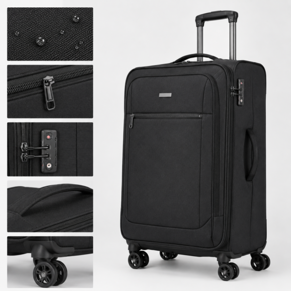 900D polyester business luggage fabric zipper lock handle and spinner wheel details