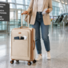 Lightweight softside spinner suitcase with front pocket at airport