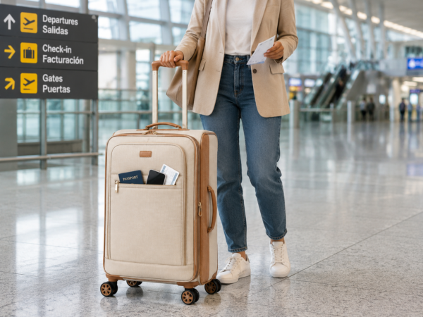 Lightweight softside spinner suitcase with front pocket at airport