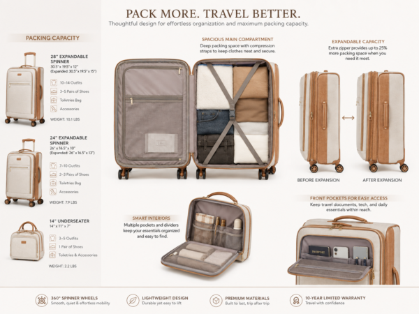 Custom Lightweight Softside Spinner Luggage Set with Front Pockets & Vanity Case