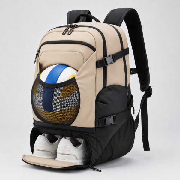 Beige RPET team sports backpack with ball and shoe compartments