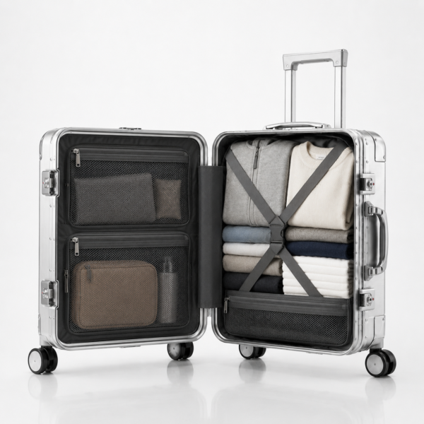 Custom Silver Aluminum Magnesium Alloy Luggage with Dual Locks & Spinner Wheels