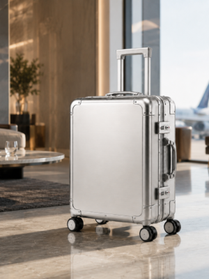 Custom Silver Aluminum Magnesium Alloy Luggage with Dual Locks & Spinner Wheels