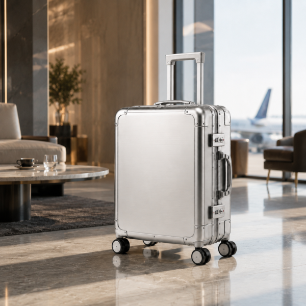 Custom Silver Aluminum Magnesium Alloy Luggage with Dual Locks & Spinner Wheels