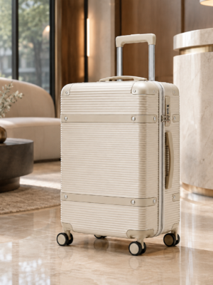 Custom Champagne Gold Ribbed Spinner Luggage with Combination Lock
