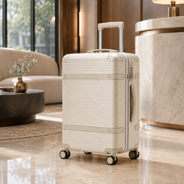 Custom Champagne Gold Ribbed Spinner Luggage with Combination Lock