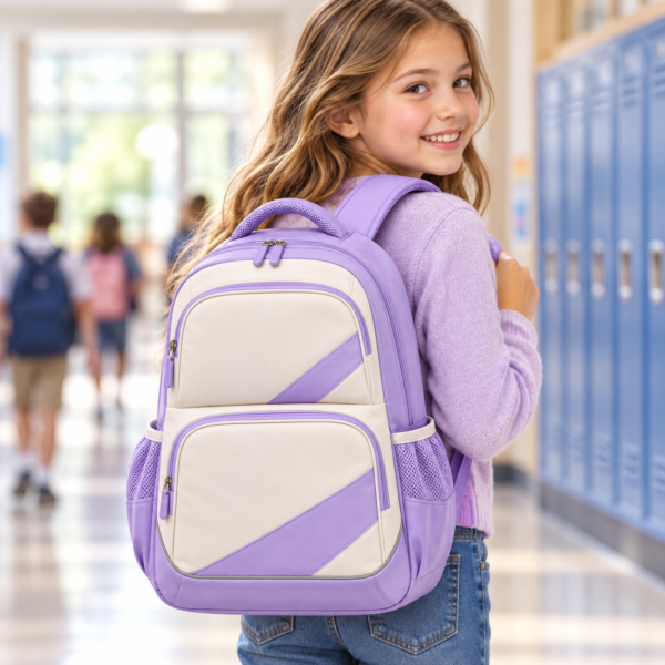 Custom Pastel Color-Block Primary School Backpack with Diagonal Front Pockets