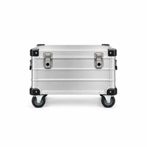 Front view of large wheeled tool storage case with two metal latches